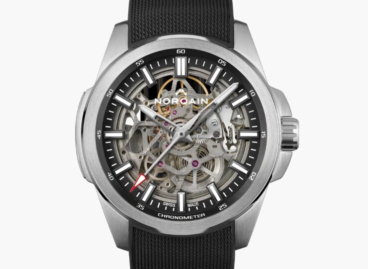 NORQAIN Independence Skeleton 42mm スケルトン文字盤 ブラックミラネーゼデザインの一体型ラバーストラップ N3000.07S01.B01.R01