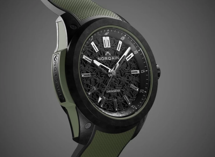 NORQAIN Wild ONE 42mm ブラック スケルトン文字盤 カーキミラネーゼデザインの一体型ラバーストラップ ピンバックル N3000.21Q24.B02.R02