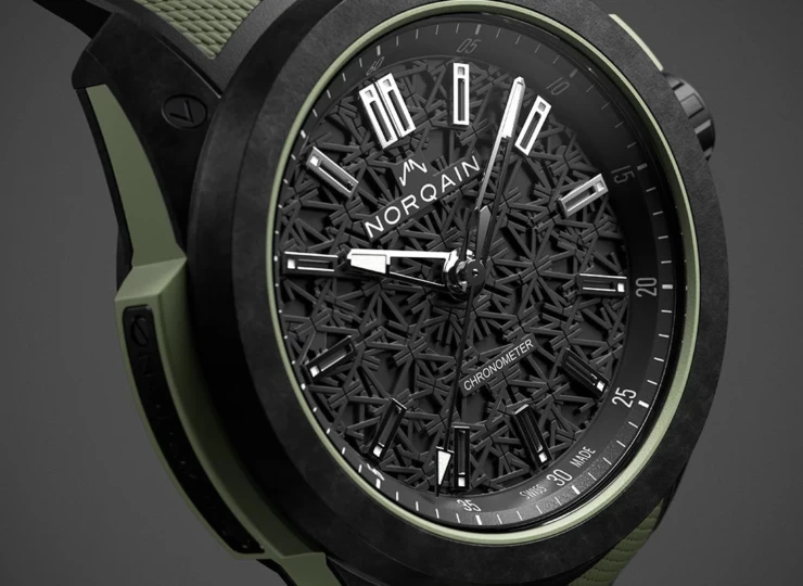 NORQAIN Wild ONE 42mm ブラック スケルトン文字盤 ブラックミラネーゼデザインの一体型ラバーストラップ フォールディングクラスプ N3000.21Q24.B02.R04