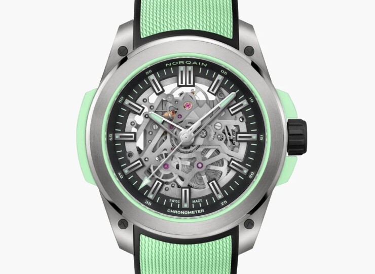 NORQAIN Wild ONE Skeleton 42mm ブラック スケルトン文字盤 ミラネーゼパターンの施されたミントグリーン/ブラックのラバーストラップ Titanium N3000.26T01.B01.R02