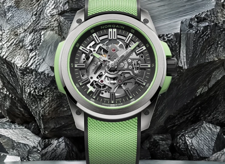 NORQAIN Wild ONE Skeleton 42mm ブラック スケルトン文字盤 ミラネーゼパターンの施されたミントグリーン/ブラックのラバーストラップ フォールディングクラスプ N3000.26T01.B01.R03
