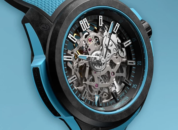 NORQAIN Wild ONE Skeleton 39mm ブラック スケルトン文字盤 ミラネーゼパターンの施されたスカイブルー/ブラックのラバーストラップ ピンバックル（Ref.N3001.07Q02.B02.R01） N3001.07Q02.B02.R01