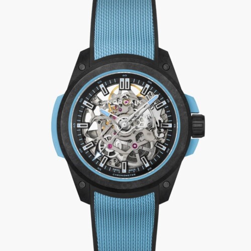 Wild ONE Skeleton 39mm ブラック スケルトン文字盤 ミラネーゼパターンの施されたスカイブルー/ブラックのラバーストラップ フォールディングクラスプ（Ref.N3001.07Q02.B02.R03）