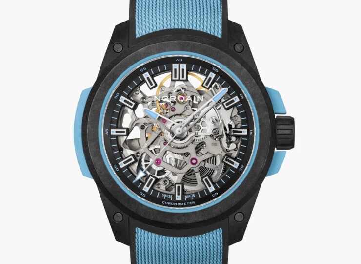 NORQAIN Wild ONE Skeleton 39mm ブラック スケルトン文字盤 ミラネーゼパターンの施されたスカイブルー/ブラックのラバーストラップ フォールディングクラスプ(Ref.N3001.07Q02.B02.R04) N3001.07Q02.B02.R04