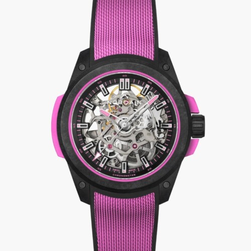 NORQAIN Wild ONE Skeleton 39mm ブラック スケルトン文字盤 ミラネーゼパターンの施されたハイパーピンク/ブラックのラバーストラップ ピンバックル（Ref.N3001.07Q04.B03.R02） N3001.07Q04.B03.R02