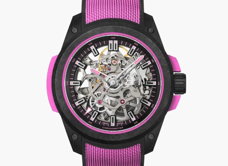 NORQAIN Wild ONE Skeleton 39mm ブラック スケルトン文字盤 ミラネーゼパターンの施されたハイパーピンク/ブラックのラバーストラップ フォールディングクラスプ(Ref.N3001.07Q04.B03.R04) N3001.07Q04.B03.R04