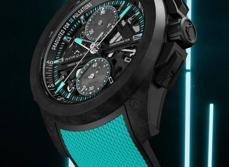 NORQAIN Wild ONE Skeleton Chrono 42mm ブラック スケルトン文字盤 ターコイズミラネーゼデザインの一体型ラバーストラップ ピンバックル N3002.40Q01.B07.R03