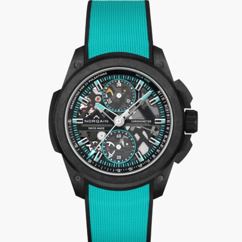 Wild ONE Skeleton Chrono 42mm ブラック スケルトン文字盤 ターコイズミラネーゼデザインの一体型ラバーストラップ フォールディングクラスプ