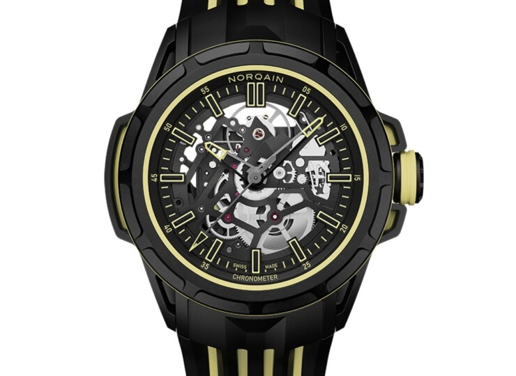 NORQAIN Wild ONE Skeleton X-Lite Limited Edition 41mm ブラック スケルトン文字盤 ブラック/イエローのダブルレイヤーラバーストラップ ピンバックル N3003.26X01.B01