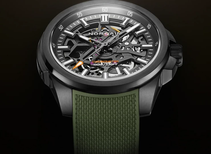 NORQAIN Independence Skeleton 40mm アンスラサイト スケルトン文字盤 ミラネーゼパターンの施されたカーキラバーストラップ フォールディングクラスプ N3008.07B01.G01.R03