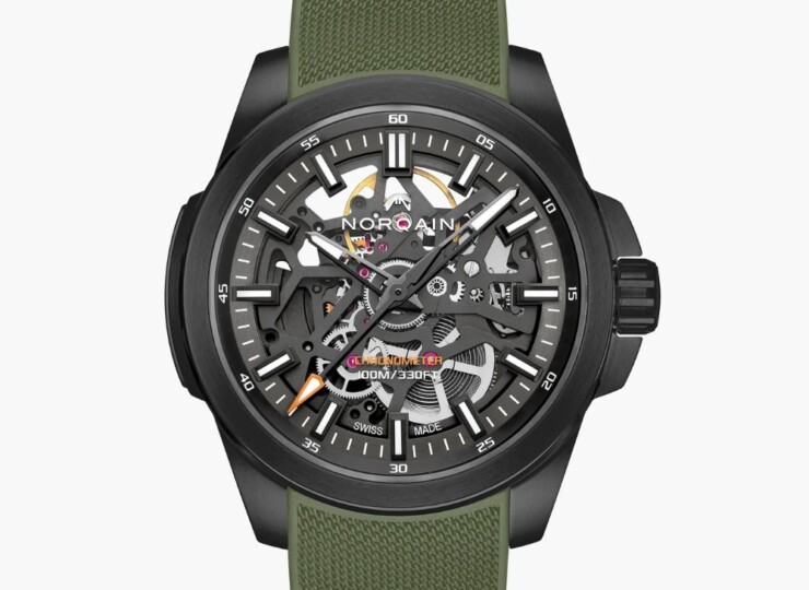 NORQAIN Independence Skeleton 40mm アンスラサイト スケルトン文字盤 ミラネーゼパターンの施されたカーキラバーストラップ フォールディングクラスプ N3008.07B01.G01.R03