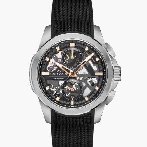 Independence Skeleton Chrono 42mm ブラック スケルトン文字盤 ブラックミラネーゼデザインの一体型ラバーストラップ