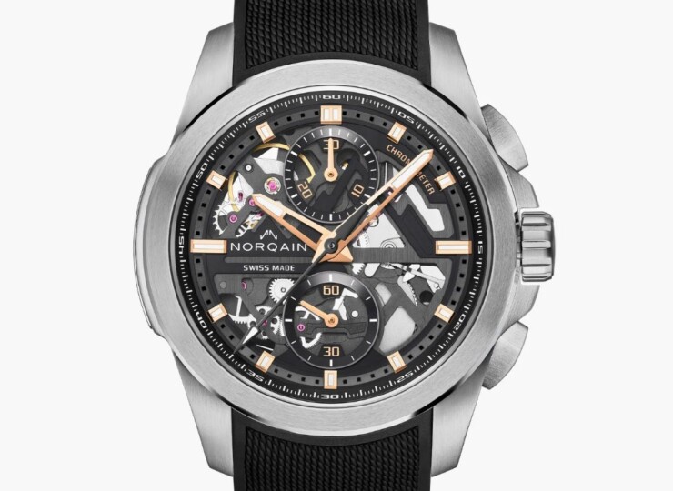 NORQAIN Independence Skeleton Chrono 42mm ブラック スケルトン文字盤 ブラックミラネーゼデザインの一体型ラバーストラップ N3200.40S01.B01.R01