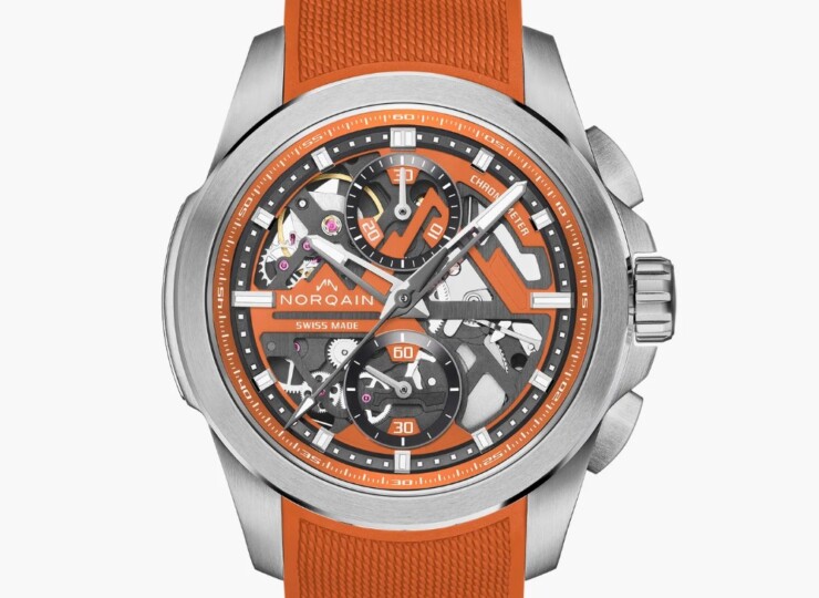 NORQAIN Independence Skeleton Chrono 42mm オレンジ スケルトン文字盤 オレンジミラネーゼデザインの一体型ラバーストラップ N3200.40S01.O01.R01
